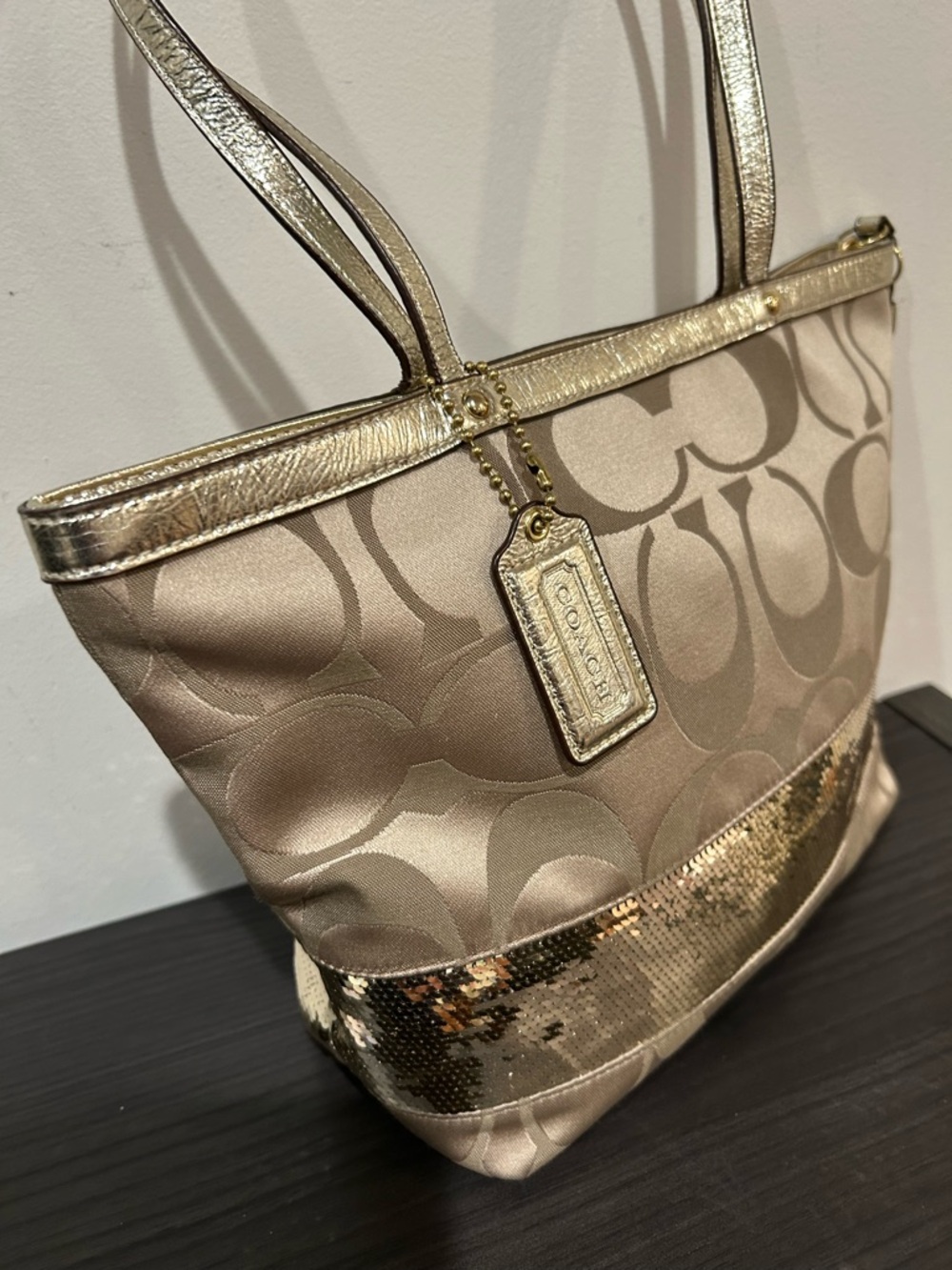 Coach Signature Stripe Tote Bag with metallic gold sequin accents EUC - Picture 6 of 13